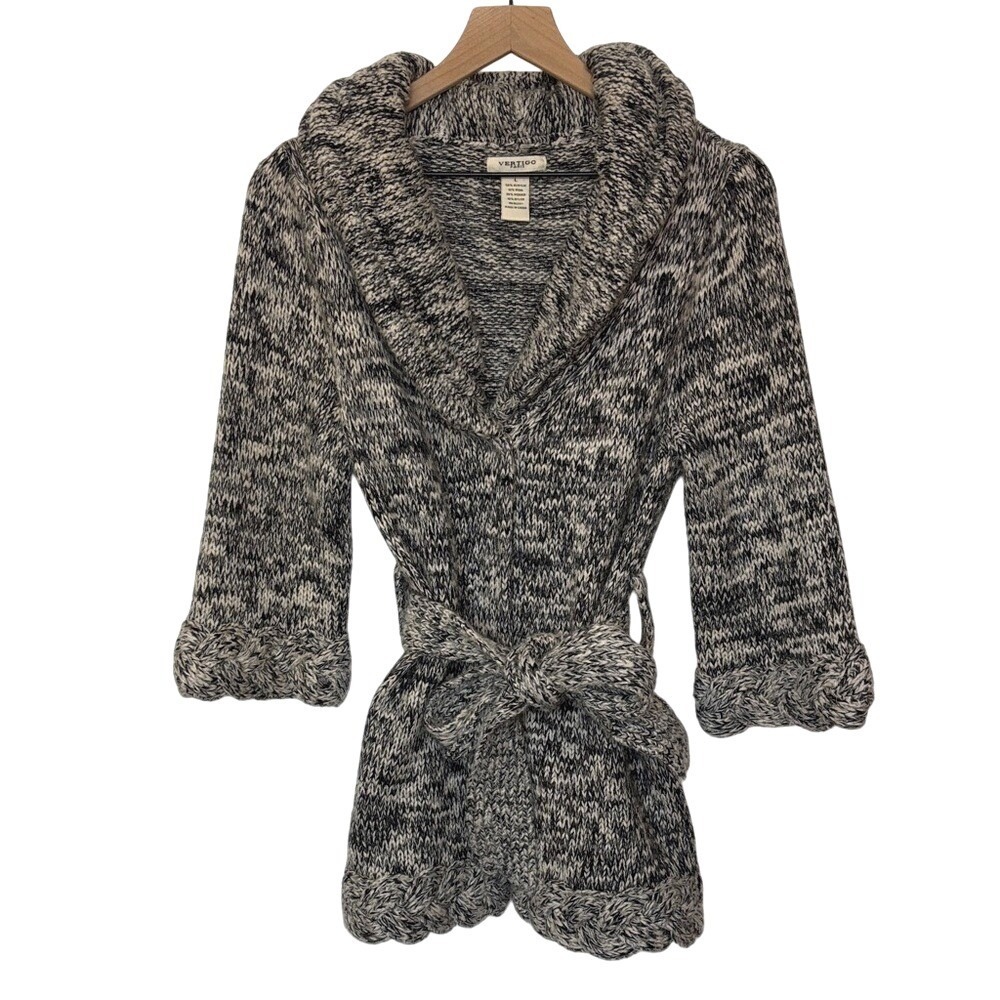 Vertigo Paris Wool Mohair Tie-Front Cardigan Sweater Shawl Collar Gray Black L